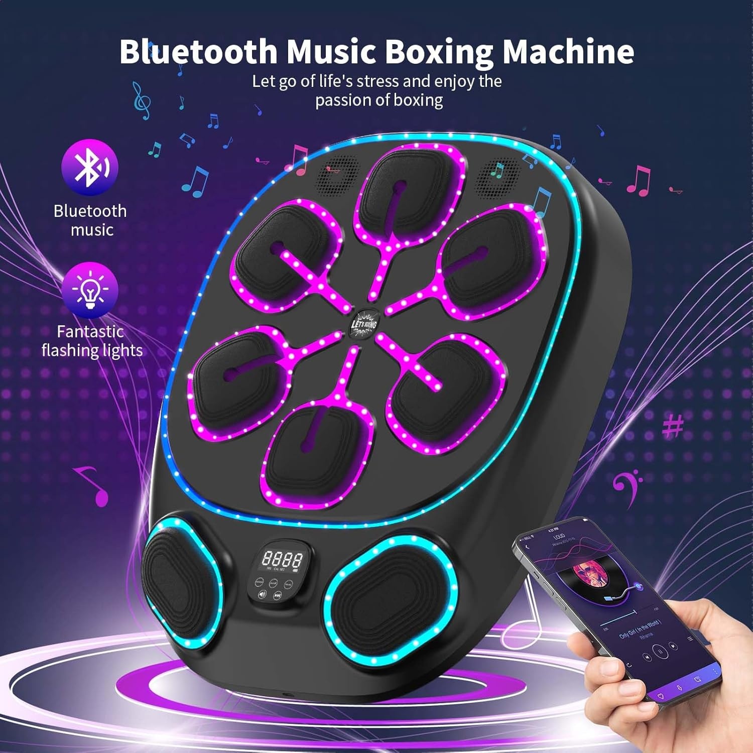 Muziekboksmachine met LED-verlichting, Bluetooth, 9 snelheidsmodi en telmodus – elektronische boksmachine voor kinderen en volwassenen – muziekboksmachine voor thuis en sportschool