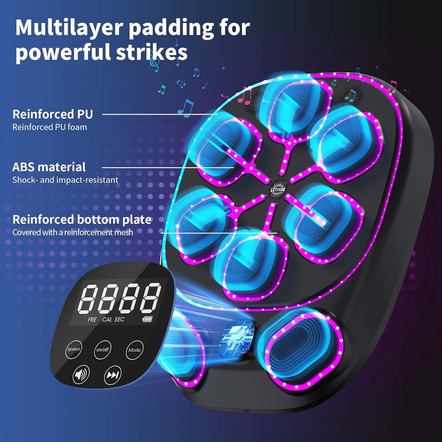 Muziekboksmachine met LED-verlichting, Bluetooth, 9 snelheidsmodi en telmodus – elektronische boksmachine voor kinderen en volwassenen – muziekboksmachine voor thuis en sportschool