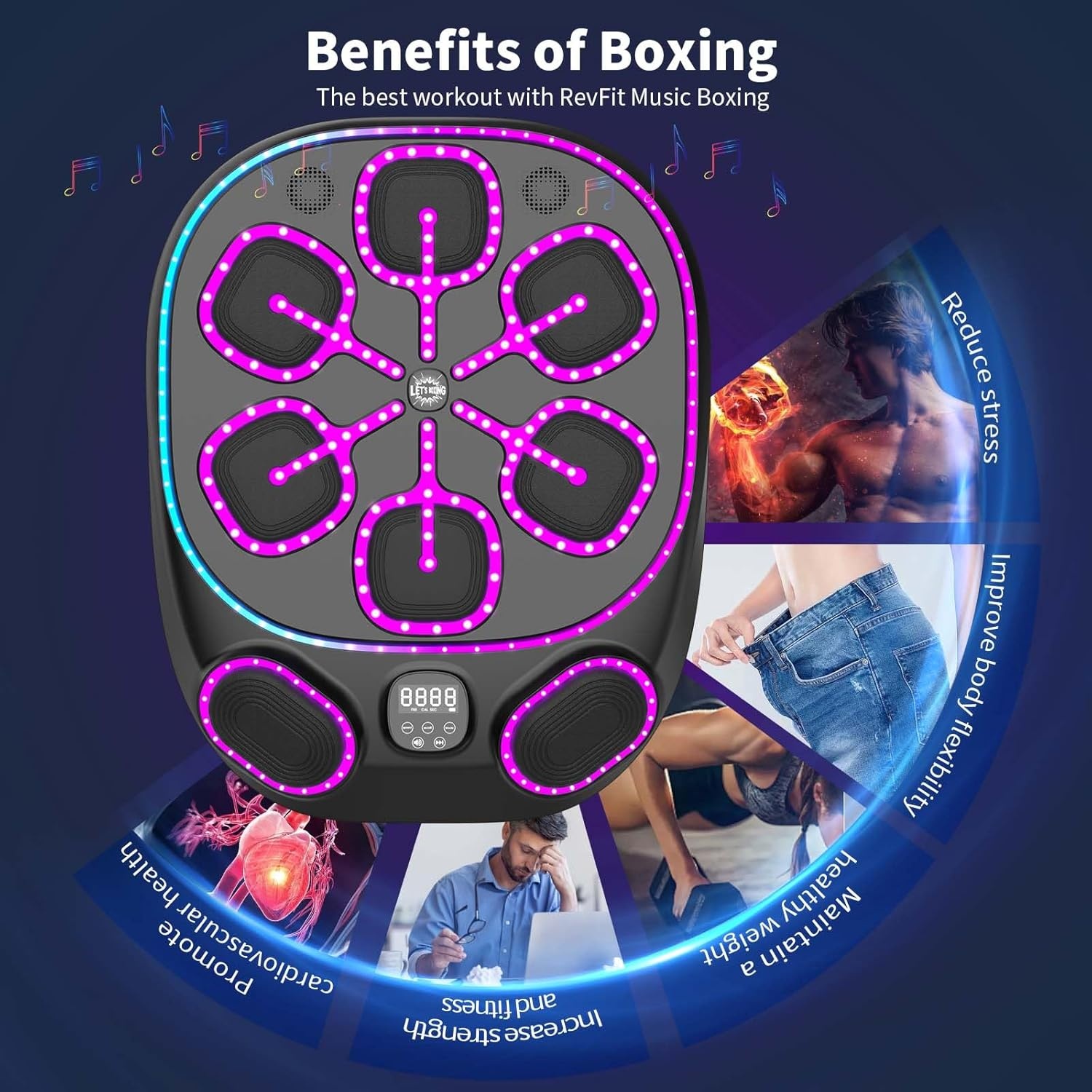 Muziekboksmachine met LED-verlichting, Bluetooth, 9 snelheidsmodi en telmodus – elektronische boksmachine voor kinderen en volwassenen – muziekboksmachine voor thuis en sportschool