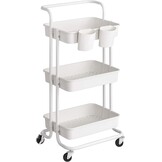 Witte Serveertrolley 3 Niveaus met Handvat, 4 Wielen & Remmen, Kunststof Planken, 2 Ophangvakken