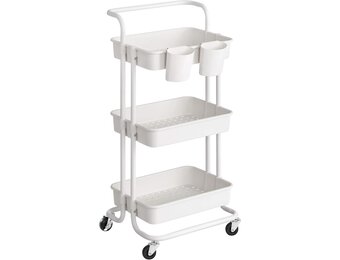 Witte Serveertrolley 3 Niveaus met Handvat, 4 Wielen & Remmen, Kunststof Planken, 2 Ophangvakken