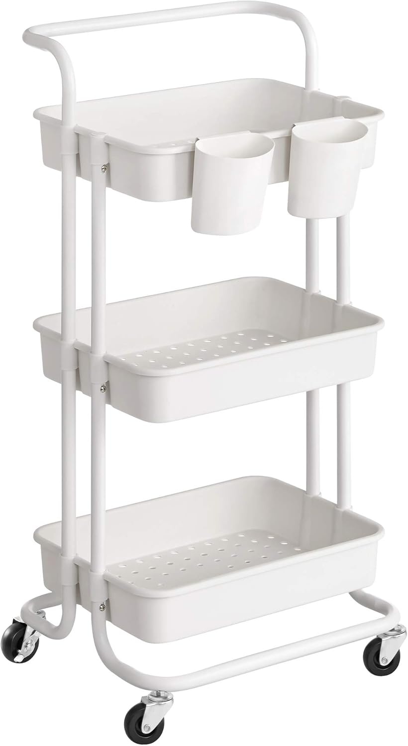 Witte Serveertrolley 3 Niveaus met Handvat, 4 Wielen & Remmen, Kunststof Planken, 2 Ophangvakken