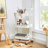 Witte Serveertrolley 3 Niveaus met Handvat, 4 Wielen & Remmen, Kunststof Planken, 2 Ophangvakken