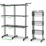 VOUNOT® Droogrek Uittrekbaar, Ruimtebesparend Toren Droogrek voor Binnen en Buiten, met Inklapbare Vleugels, Telescoopstang en 6 Wielen, Drooglengte 40m, 3 Niveaus, Zwart