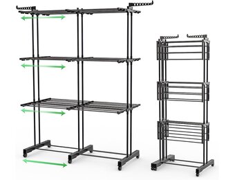 VOUNOT® Droogrek Uittrekbaar, Ruimtebesparend Toren Droogrek voor Binnen en Buiten, met Inklapbare Vleugels, Telescoopstang en 6 Wielen, Drooglengte 40m, 3 Niveaus, Zwart
