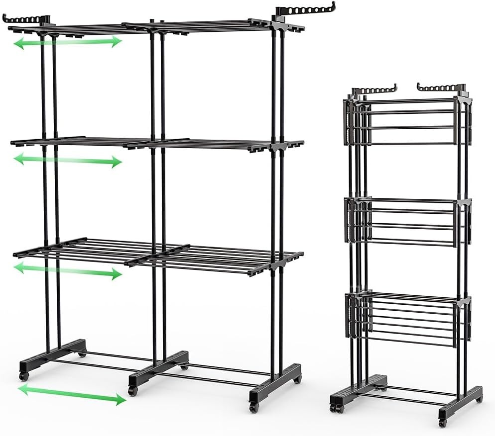 VOUNOT® Droogrek Uittrekbaar, Ruimtebesparend Toren Droogrek voor Binnen en Buiten, met Inklapbare Vleugels, Telescoopstang en 6 Wielen, Drooglengte 40m, 3 Niveaus, Zwart