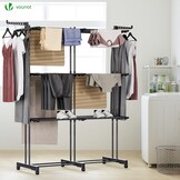 VOUNOT® Droogrek Uittrekbaar, Ruimtebesparend Toren Droogrek voor Binnen en Buiten, met Inklapbare Vleugels, Telescoopstang en 6 Wielen, Drooglengte 40m, 3 Niveaus, Zwart