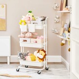 Witte Serveertrolley 3 Niveaus met Handvat, 4 Wielen & Remmen, Kunststof Planken, 2 Ophangvakken