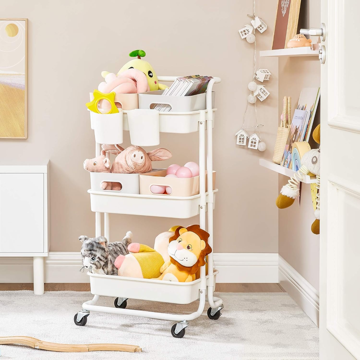 Witte Serveertrolley 3 Niveaus met Handvat, 4 Wielen & Remmen, Kunststof Planken, 2 Ophangvakken