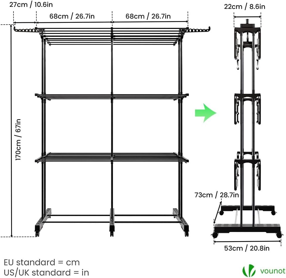 VOUNOT® Droogrek Uittrekbaar, Ruimtebesparend Toren Droogrek voor Binnen en Buiten, met Inklapbare Vleugels, Telescoopstang en 6 Wielen, Drooglengte 40m, 3 Niveaus, Zwart