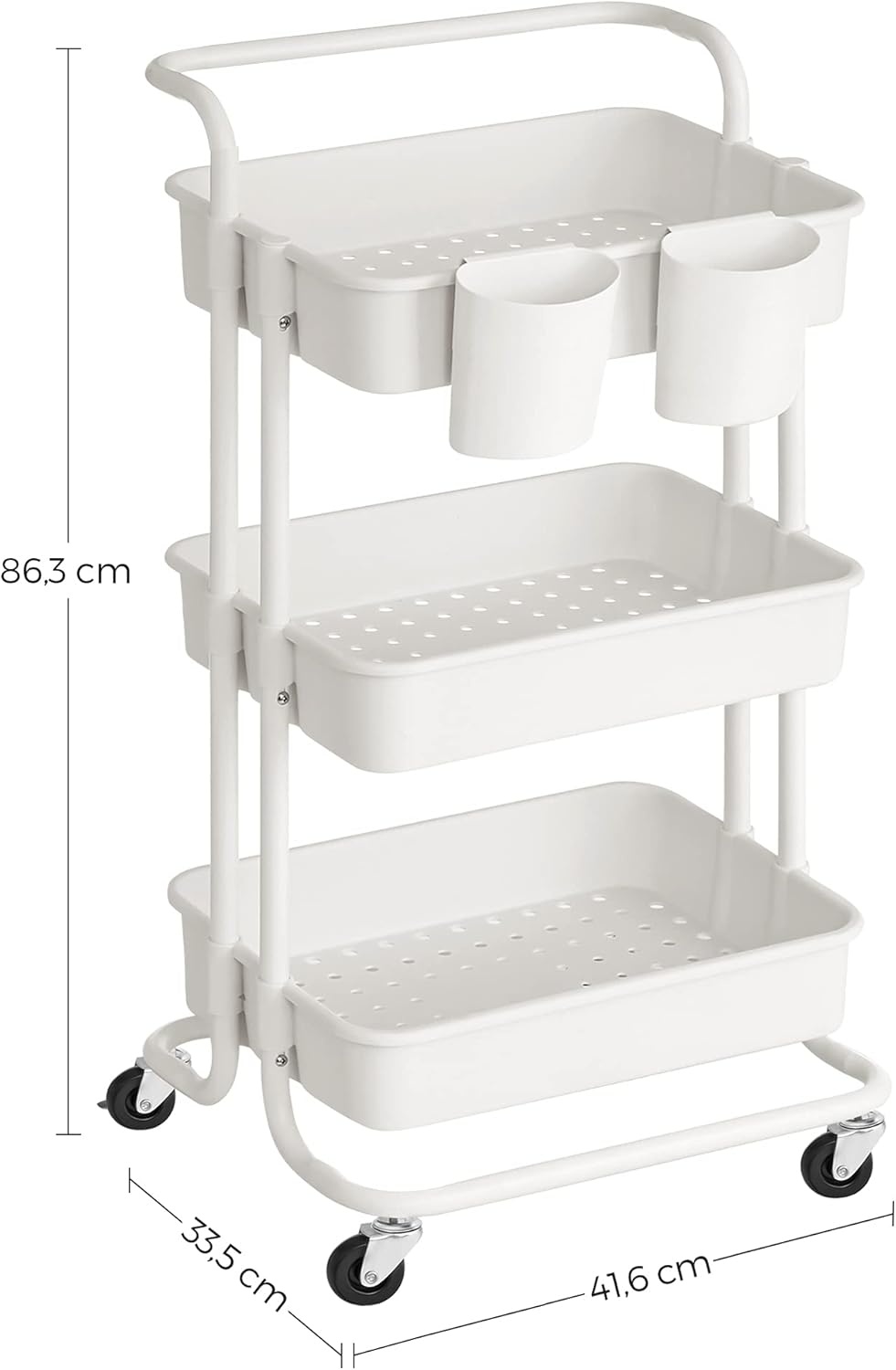 Witte Serveertrolley 3 Niveaus met Handvat, 4 Wielen & Remmen, Kunststof Planken, 2 Ophangvakken