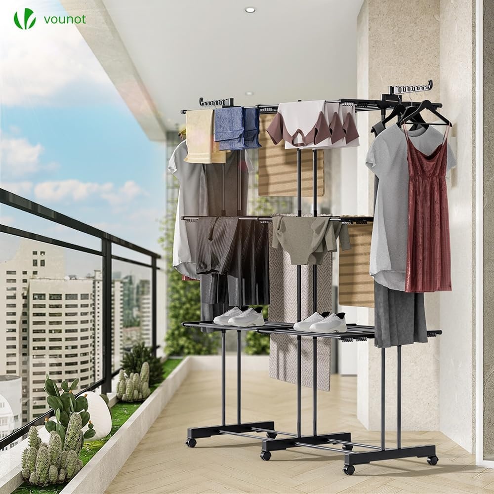 VOUNOT® Droogrek Uittrekbaar, Ruimtebesparend Toren Droogrek voor Binnen en Buiten, met Inklapbare Vleugels, Telescoopstang en 6 Wielen, Drooglengte 40m, 3 Niveaus, Zwart