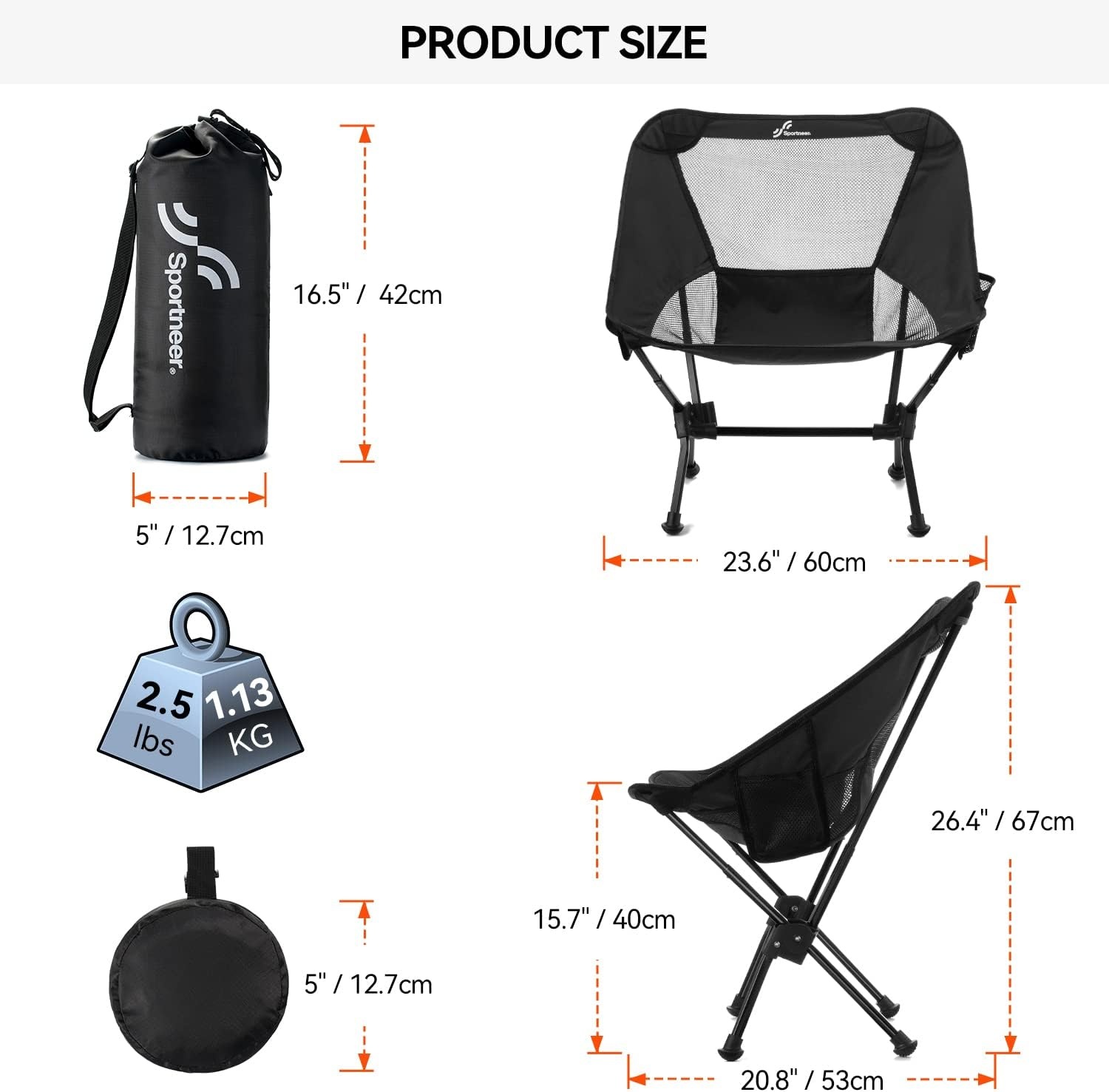 Sportneer Opvouwbare en lichte campingstoel, verlengde klapstoel voor het strand, inklapbaar, voor kamperen, wandelen, gazon, picknick in de open lucht, zwart, 1