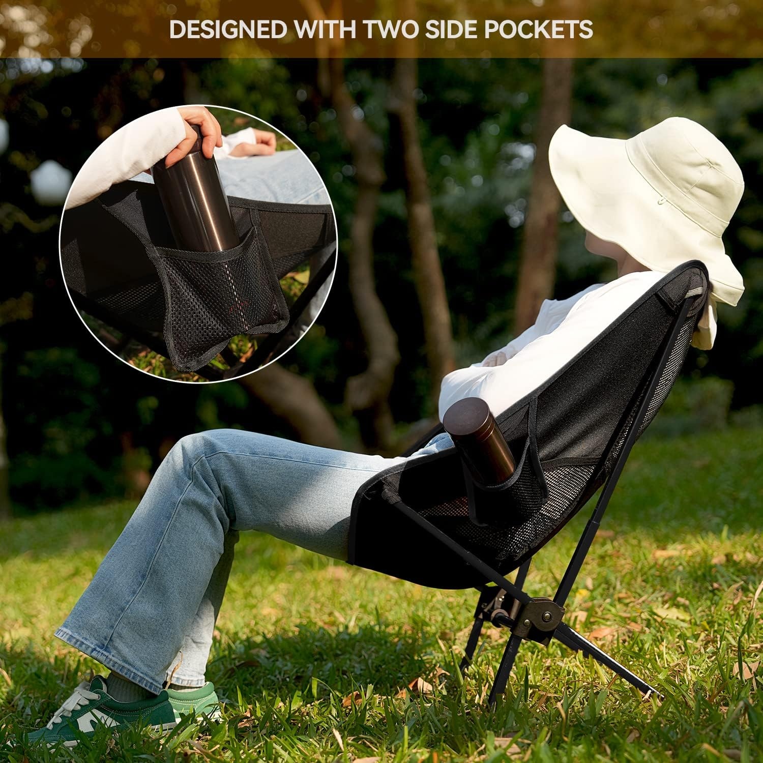 Sportneer Opvouwbare en lichte campingstoel, verlengde klapstoel voor het strand, inklapbaar, voor kamperen, wandelen, gazon, picknick in de open lucht, zwart, 1