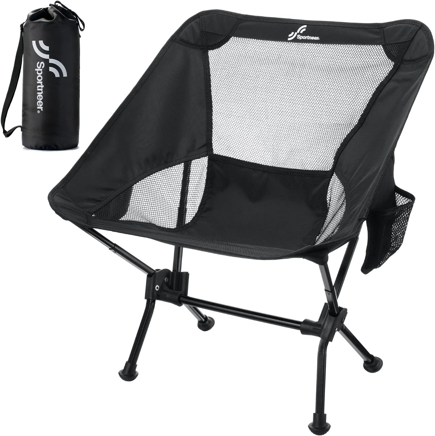 Sportneer Opvouwbare en lichte campingstoel, verlengde klapstoel voor het strand, inklapbaar, voor kamperen, wandelen, gazon, picknick in de open lucht, zwart, 1