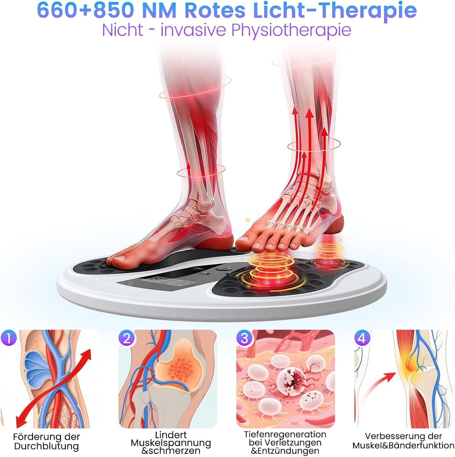 Voet & Been Doorbloedingsstimulator met EMS, TENS, Roodlichttherapie (660+850nm) & 4 Elektrodepads