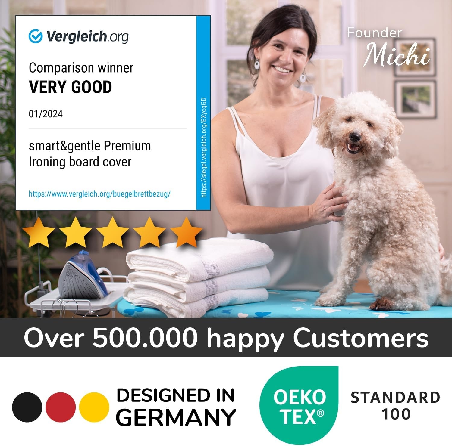 Smart&Gentle Tijdbesparende Strijkplank Hoes – Hitte & Stoom reflecterend - 100% Katoenen bovenlaag ÖKO-Tex getest tegen schadelijke stoffen – 3 klemmen voor perfecte fit – 115x35cm