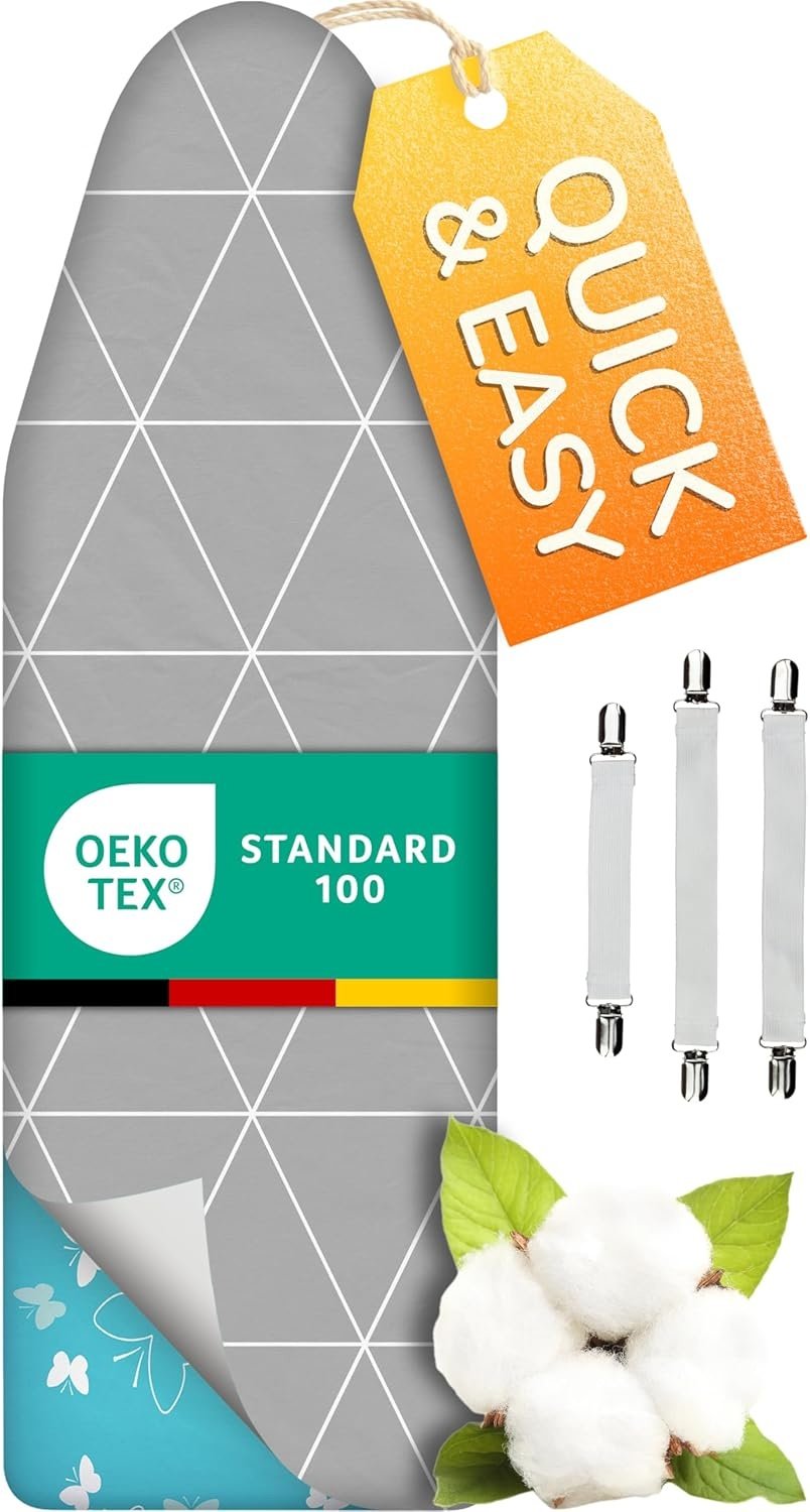 Smart&Gentle Tijdbesparende Strijkplank Hoes – Hitte & Stoom reflecterend - 100% Katoenen bovenlaag ÖKO-Tex getest tegen schadelijke stoffen – 3 klemmen voor perfecte fit – 115x35cm