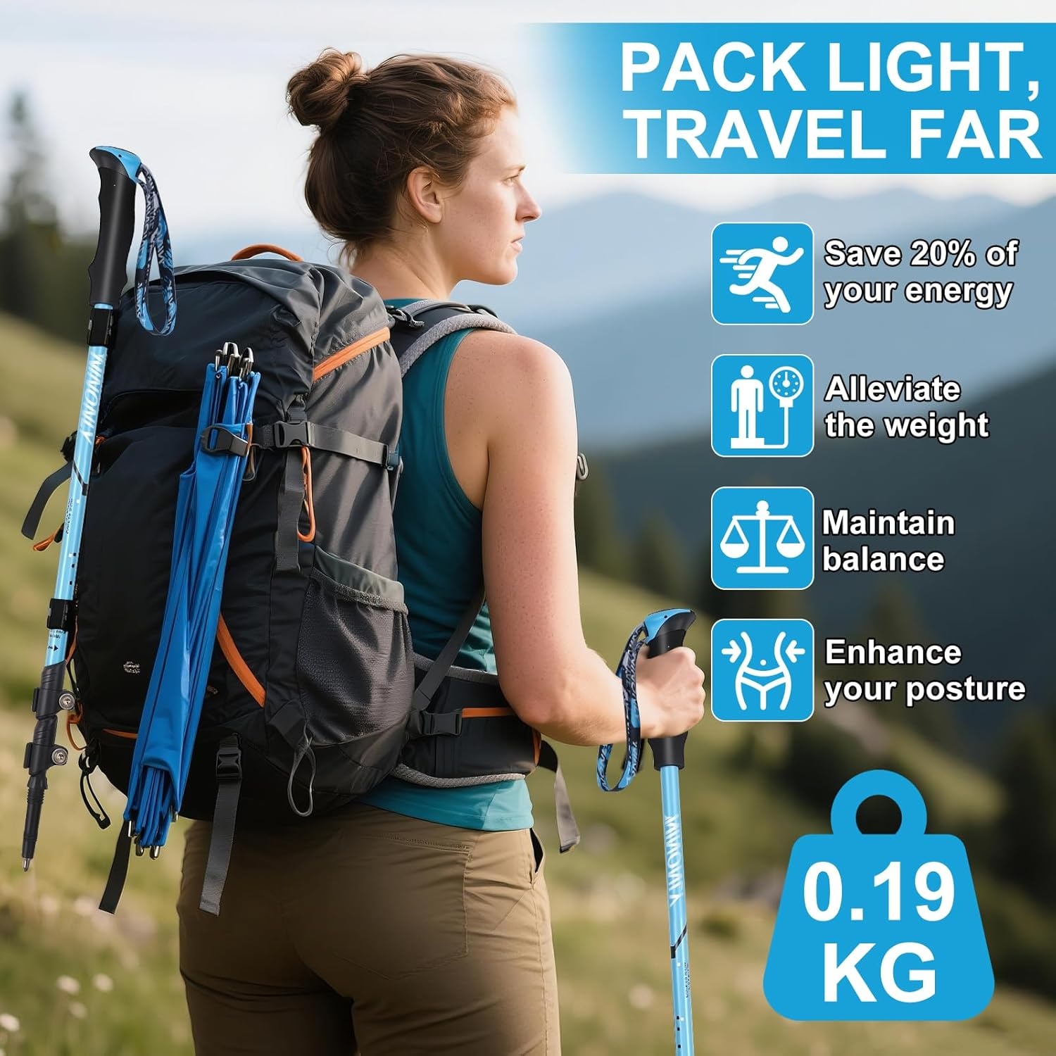 Ninonly Opvouwbare wandelstokken, carbon, Nordic Walking stokken voor dames en heren, lichte telescopische wandelstokken met EVA-handgreep en 3 punten, 150 kg draagkracht voor wandelingen, trekking