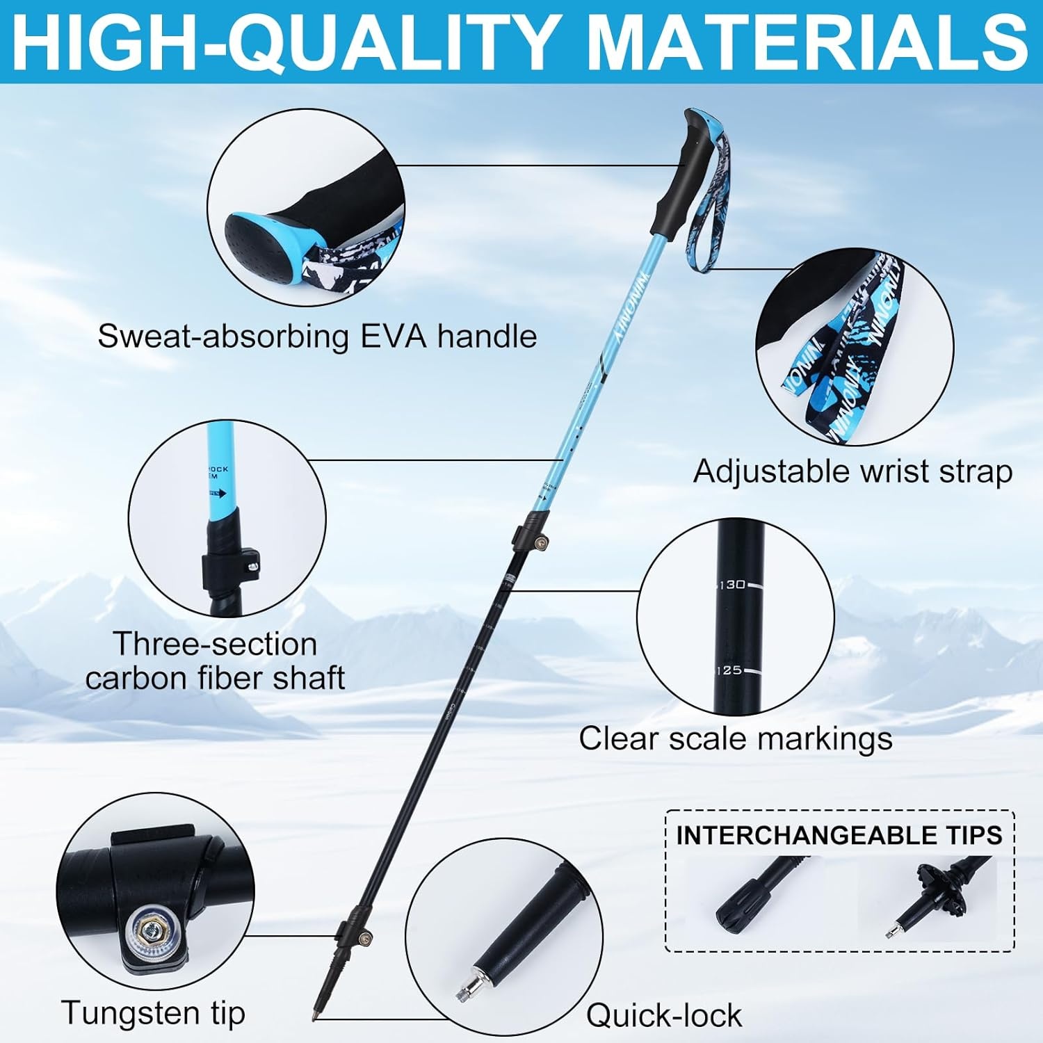 Ninonly Opvouwbare wandelstokken, carbon, Nordic Walking stokken voor dames en heren, lichte telescopische wandelstokken met EVA-handgreep en 3 punten, 150 kg draagkracht voor wandelingen, trekking