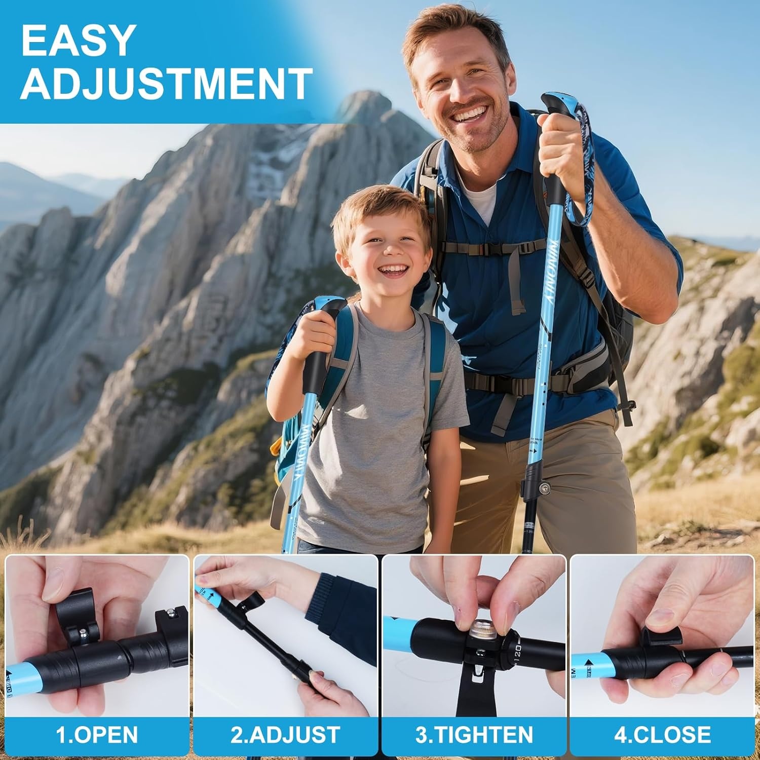 Ninonly Opvouwbare wandelstokken, carbon, Nordic Walking stokken voor dames en heren, lichte telescopische wandelstokken met EVA-handgreep en 3 punten, 150 kg draagkracht voor wandelingen, trekking