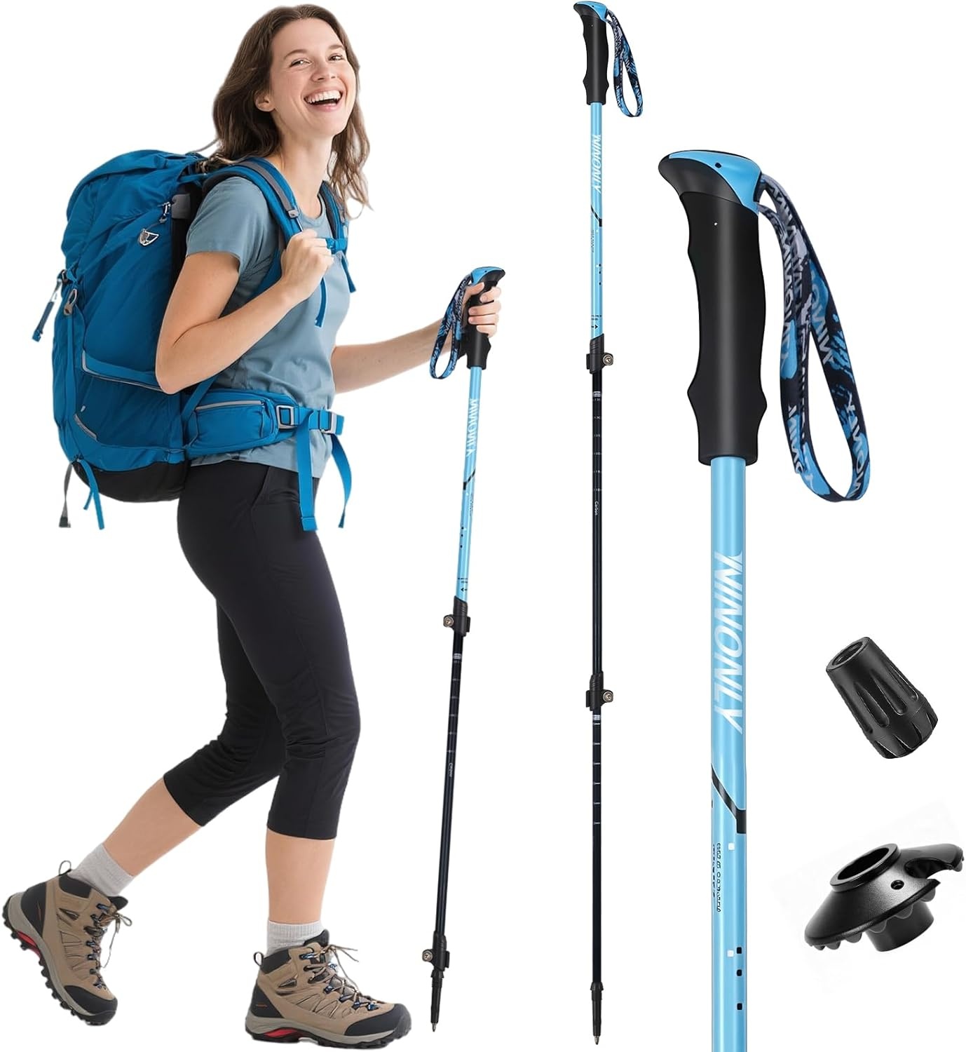 Ninonly Opvouwbare wandelstokken, carbon, Nordic Walking stokken voor dames en heren, lichte telescopische wandelstokken met EVA-handgreep en 3 punten, 150 kg draagkracht voor wandelingen, trekking
