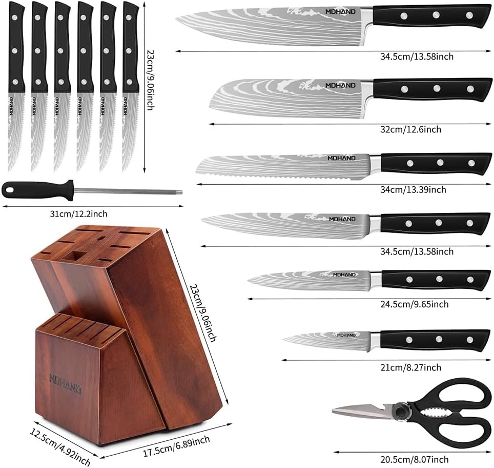 Professionele Messenset met 14 Delen en Messenblok, Inclusief 6 Steakmessen en Schaar