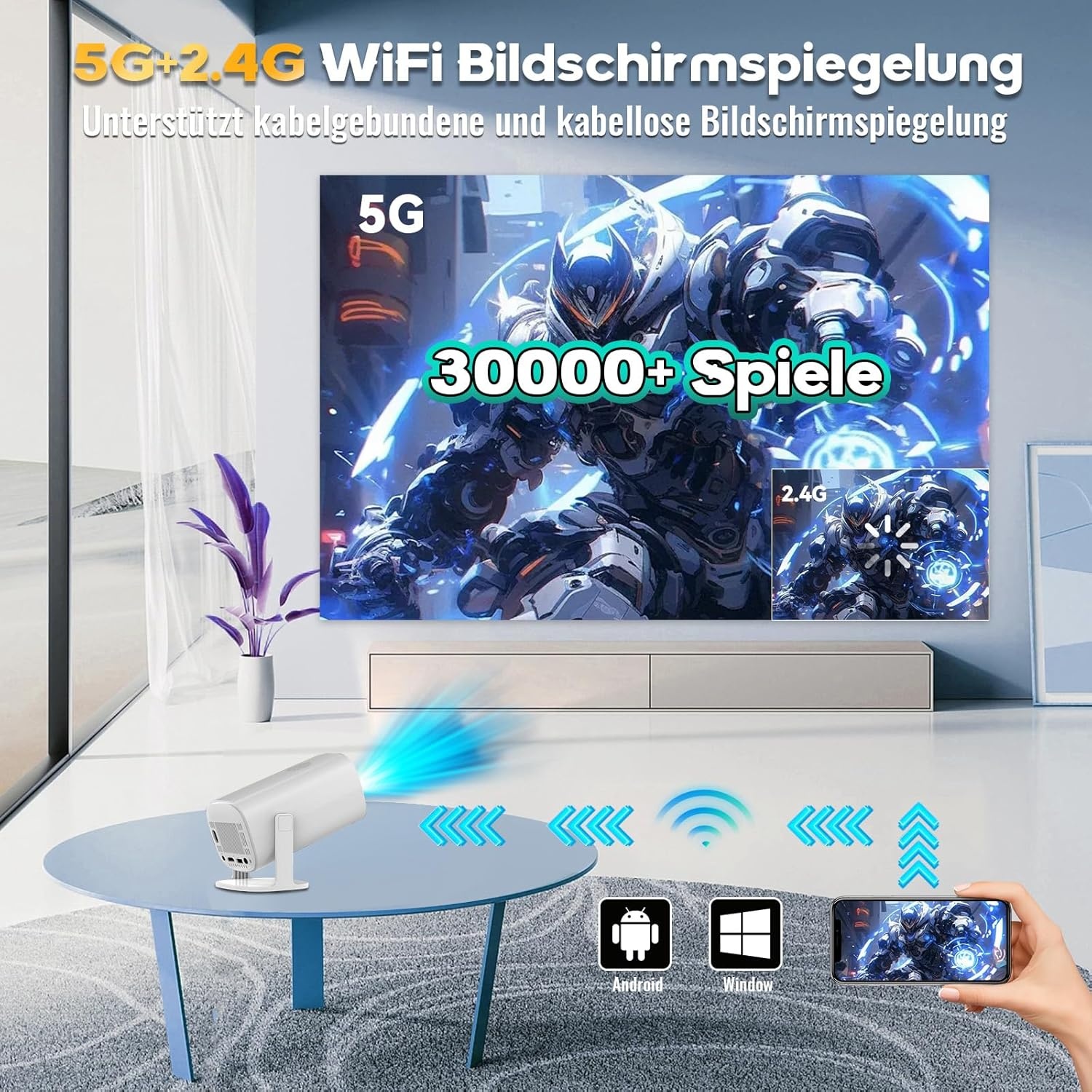 P30 Max Gaming-projector met 2 draadloze controllers, 35000 games, wifi 6 en bluetooth 5.4, 4K en 1080P, draagbaar met 50% zoom en 180° verstelbare ondersteuning