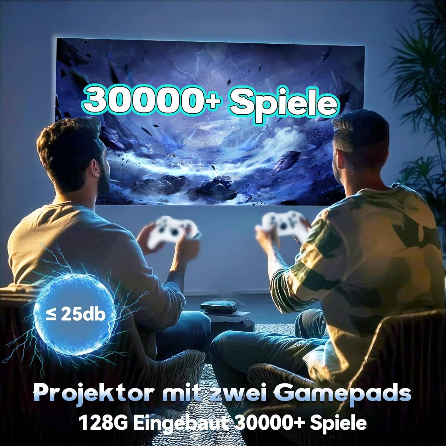 P30 Max Gaming-projector met 2 draadloze controllers, 35000 games, wifi 6 en bluetooth 5.4, 4K en 1080P, draagbaar met 50% zoom en 180° verstelbare ondersteuning