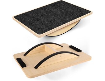 Balance Board van hout, premium balansboard en wiebelplank voor volwassenen, antislip evenwichtstrainer met lichaamsbalans-oefening, 33 x 42 cm, monobord (zwart, natuurlijk hout)
