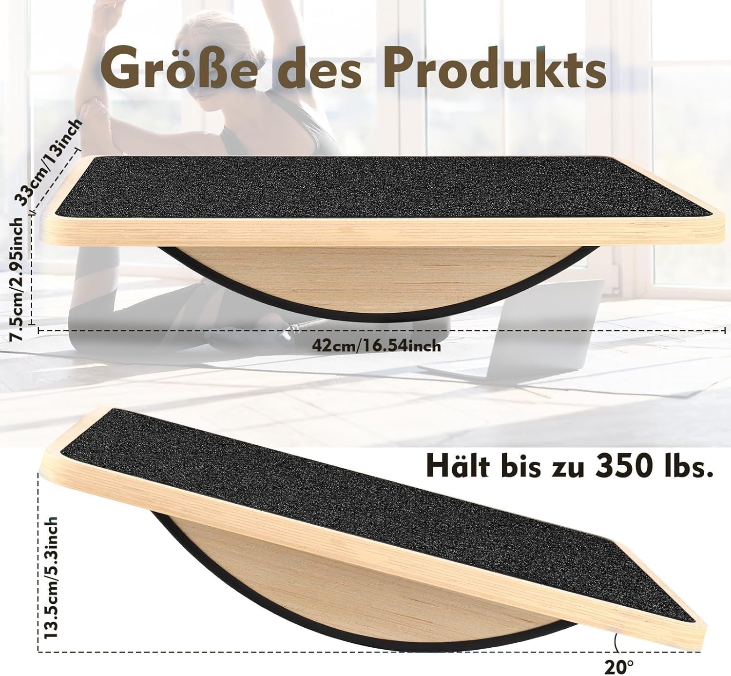 Balance Board van hout, premium balansboard en wiebelplank voor volwassenen, antislip evenwichtstrainer met lichaamsbalans-oefening, 33 x 42 cm, monobord (zwart, natuurlijk hout)