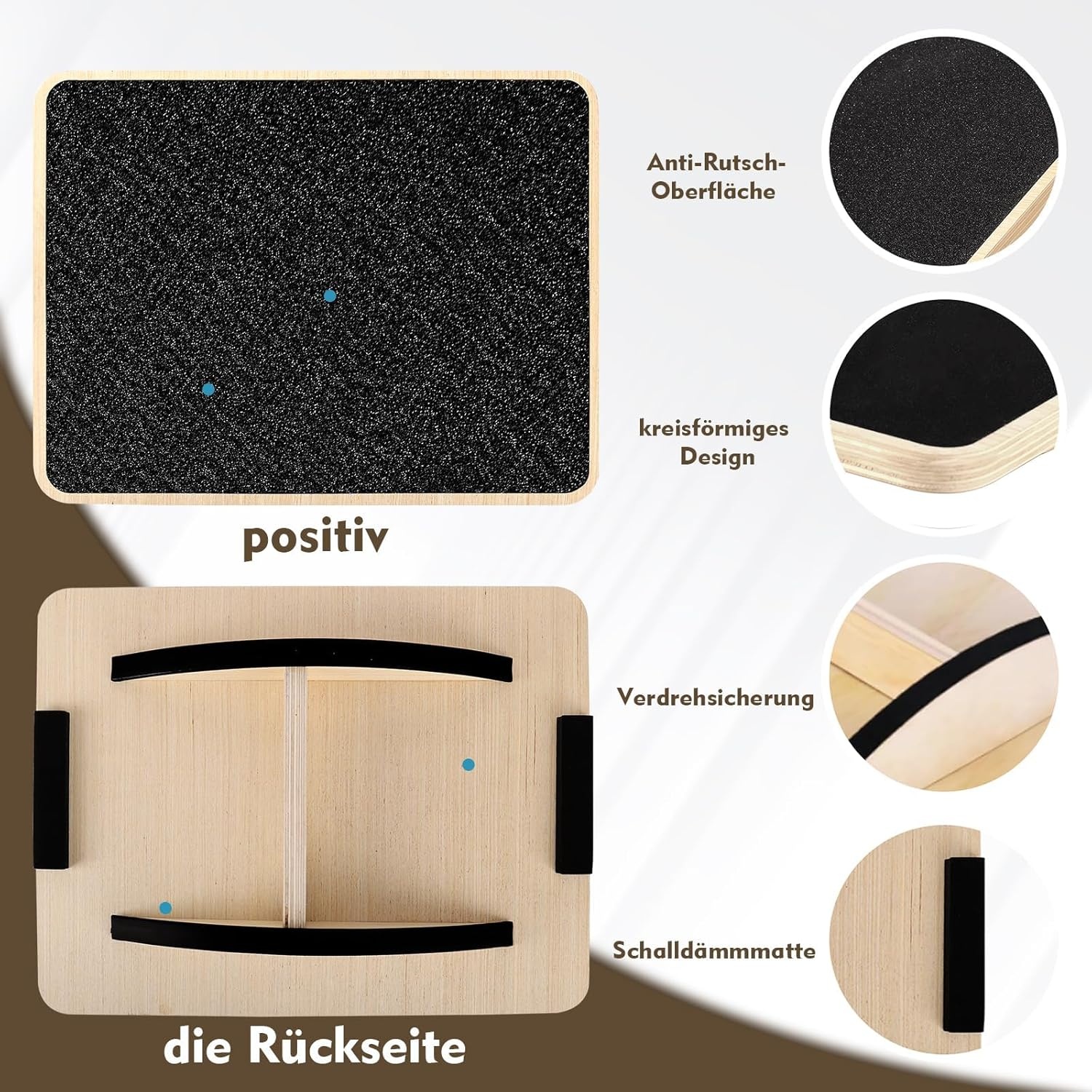 Balance Board van hout, premium balansboard en wiebelplank voor volwassenen, antislip evenwichtstrainer met lichaamsbalans-oefening, 33 x 42 cm, monobord (zwart, natuurlijk hout)