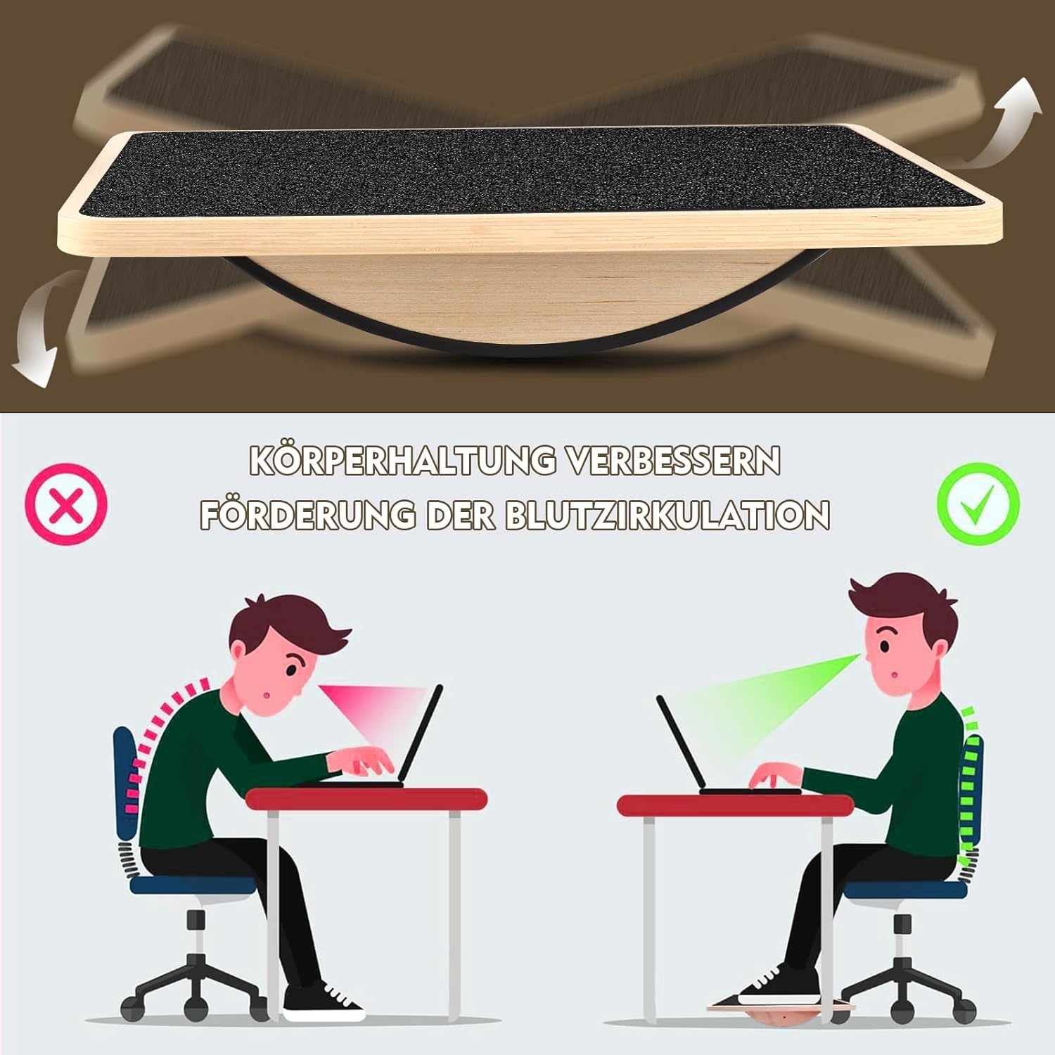 Balance Board van hout, premium balansboard en wiebelplank voor volwassenen, antislip evenwichtstrainer met lichaamsbalans-oefening, 33 x 42 cm, monobord (zwart, natuurlijk hout)