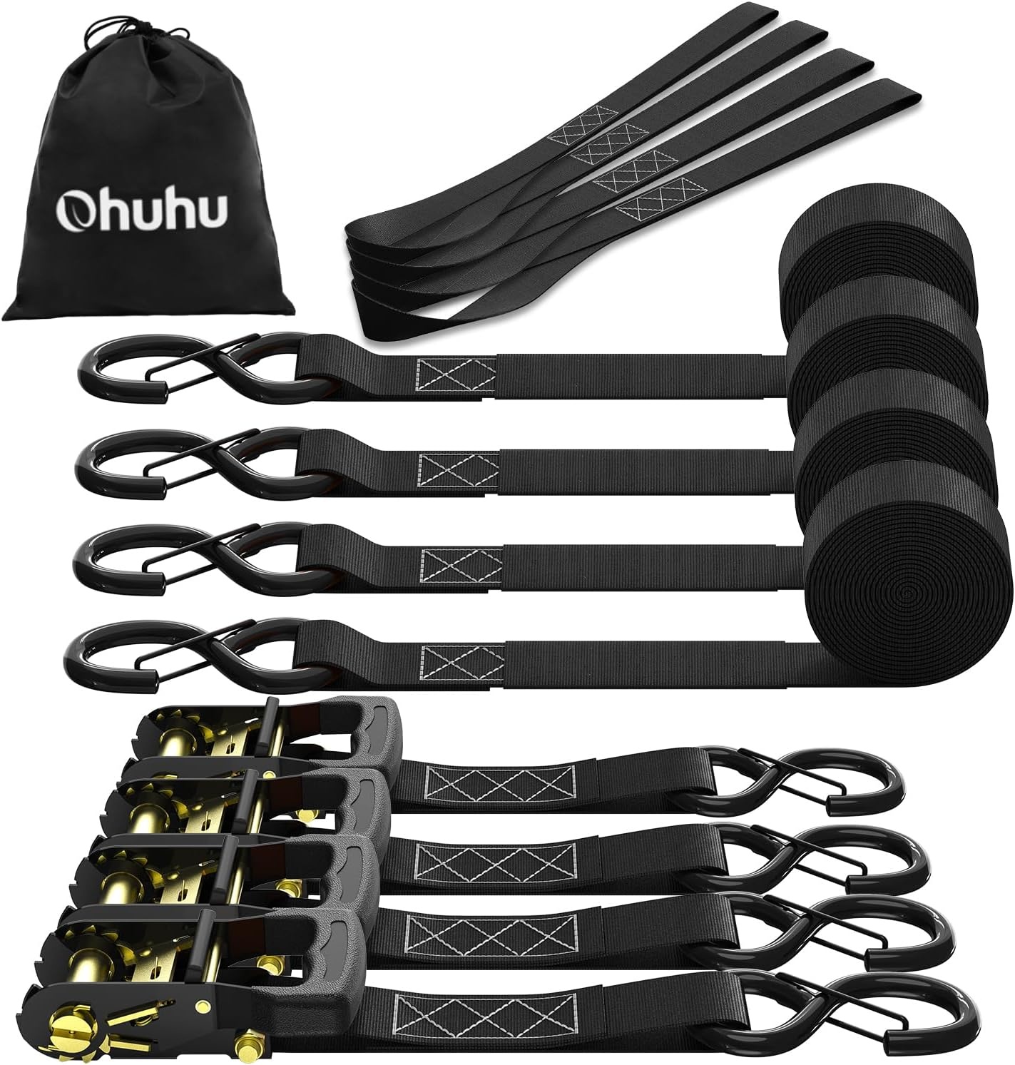 Ohuhu Spanbanden met Ratel en Haak - 4 stuks - Zwart, 4 cm x 4,6 m, 1500 kg Breekbelasting