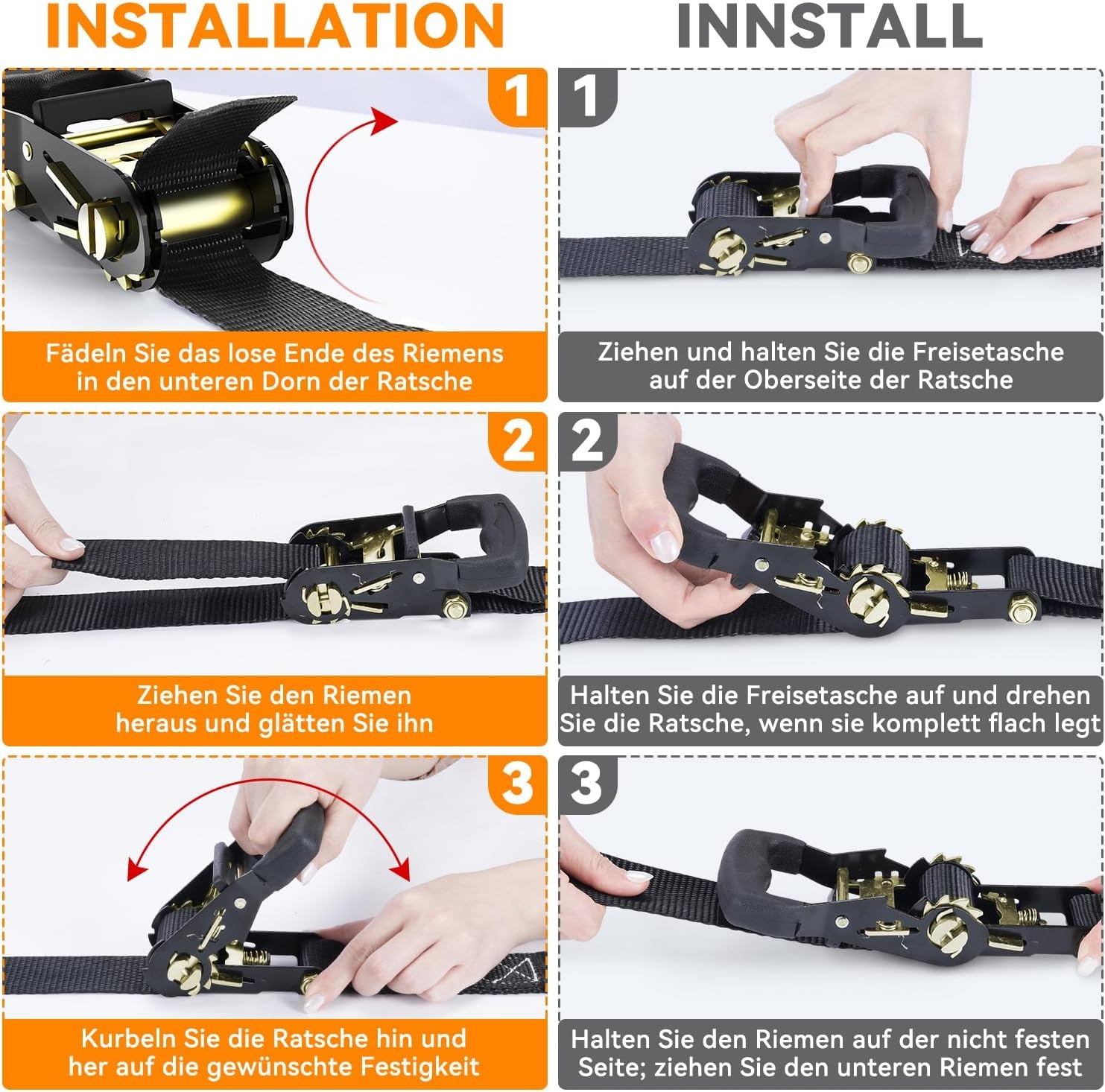 Ohuhu Spanbanden met Ratel en Haak - 4 stuks - Zwart, 4 cm x 4,6 m, 1500 kg Breekbelasting