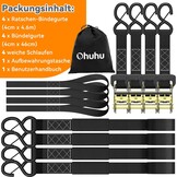 Ohuhu Spanbanden met Ratel en Haak - 4 stuks - Zwart, 4 cm x 4,6 m, 1500 kg Breekbelasting