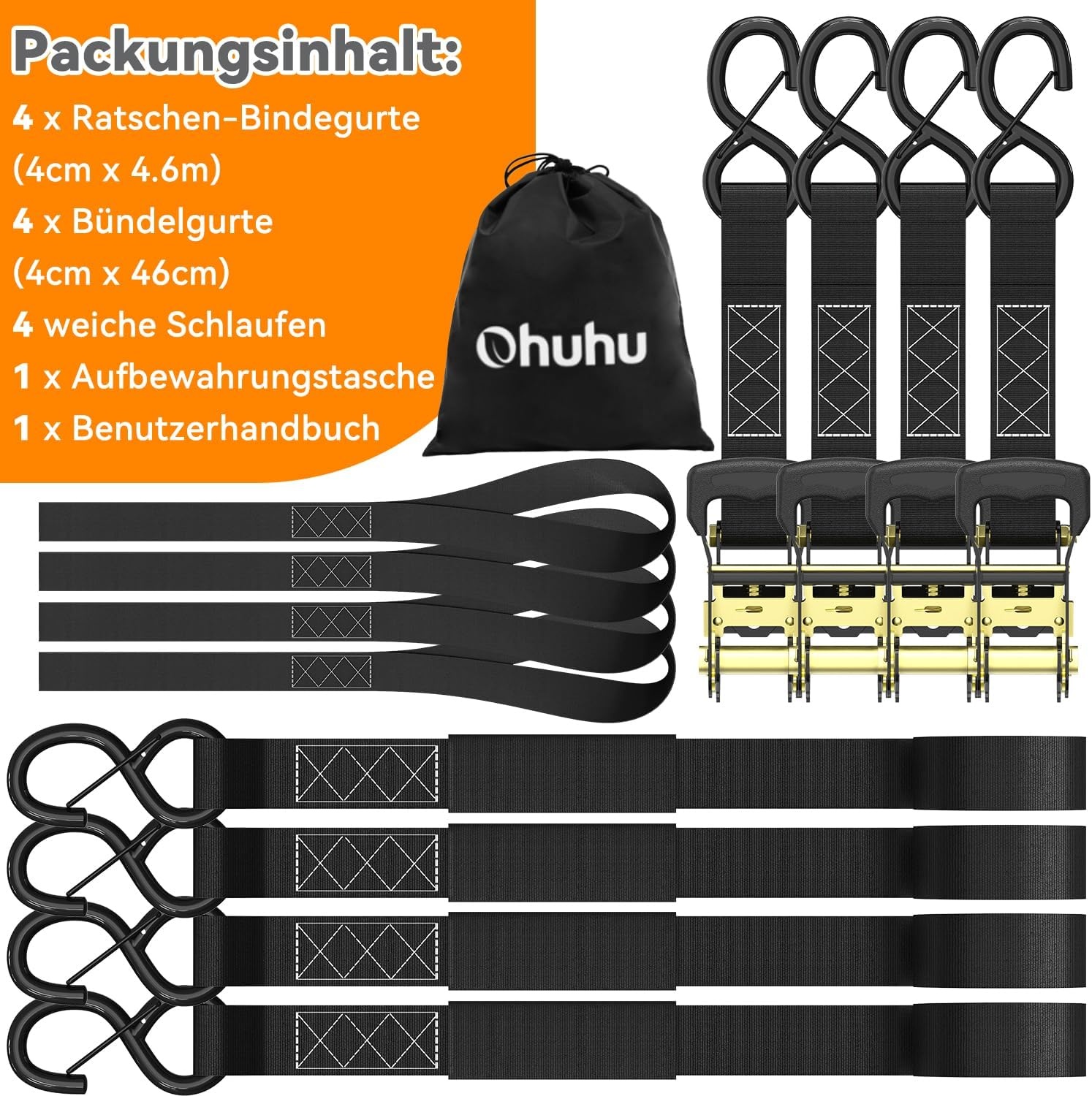 Ohuhu Spanbanden met Ratel en Haak - 4 stuks - Zwart, 4 cm x 4,6 m, 1500 kg Breekbelasting