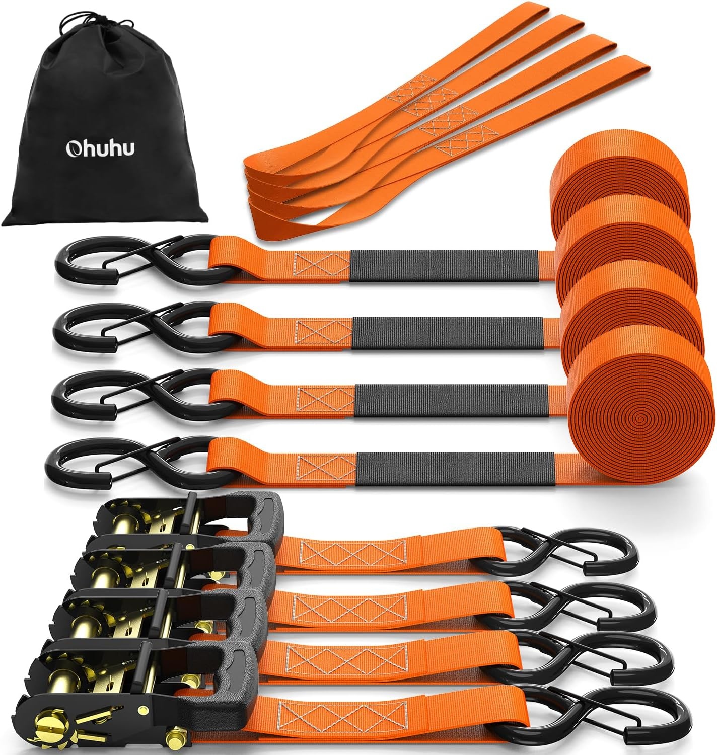 Ohuhu Spanbanden met Ratel en Haak - 4 stuks - Zwart, 4 cm x 4,6 m, 1500 kg Breekbelasting