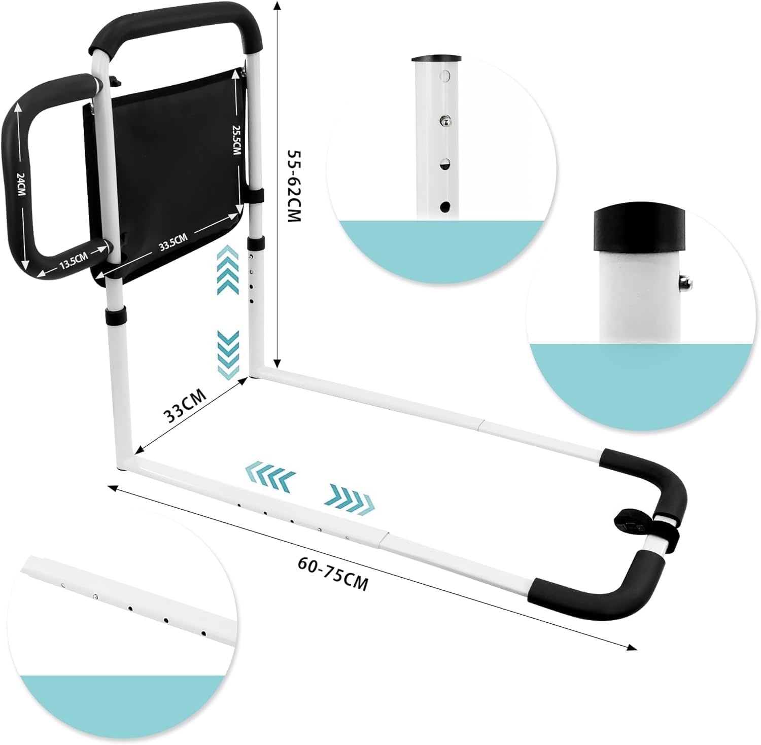 Bedgreep Opstahulp - Stalen bedsteun met zijgreep, in hoogte verstelbaar, schuim grip, voor ouderen en gehandicapten