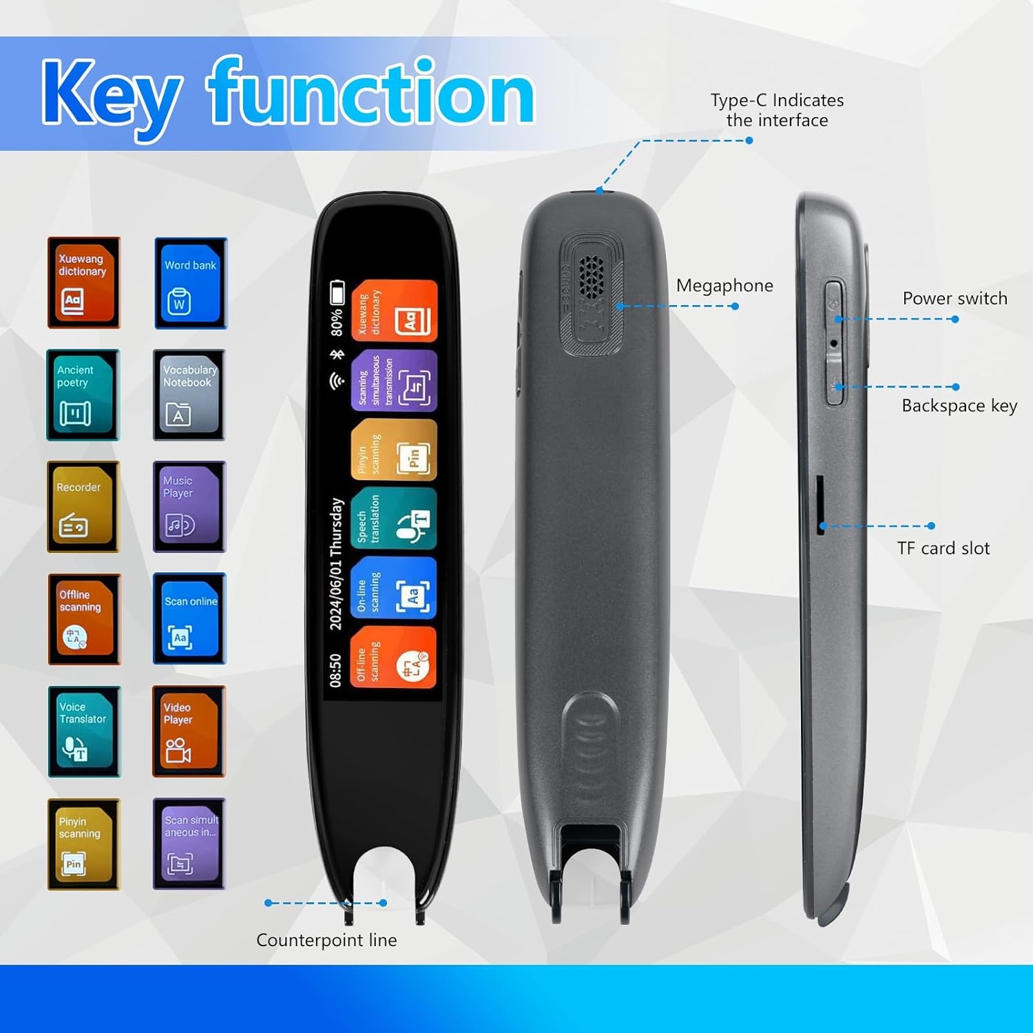 Scan vertaler pen met 3,7 inch touchscreen, 142 talen, real-time lees- & vertaalfunctie, voor dyslexie, offline