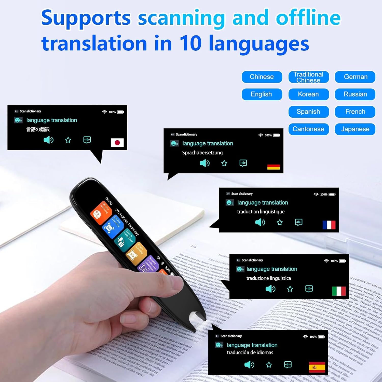 Scan vertaler pen met 3,7 inch touchscreen, 142 talen, real-time lees- & vertaalfunctie, voor dyslexie, offline