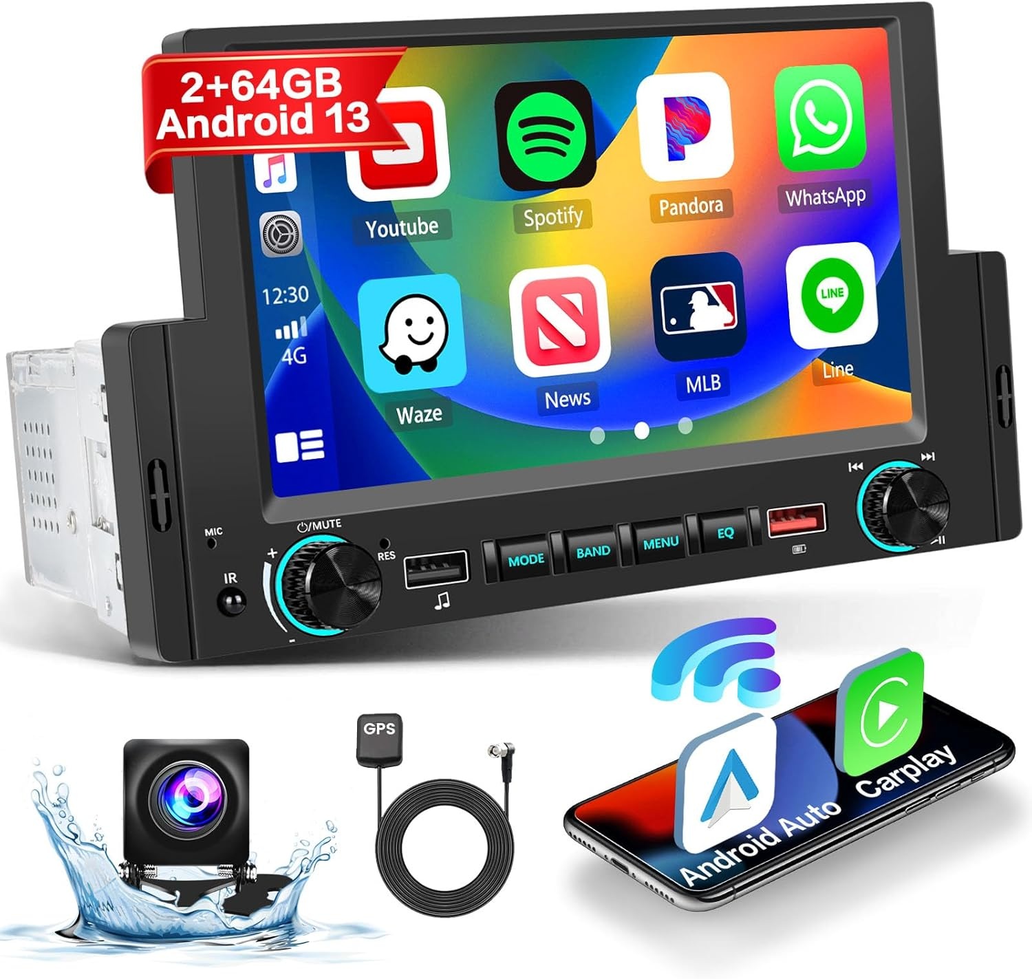 Autoradio Android 13 1 Din met Wireless Apple CarPlay & Android Auto, 6,2 inch touchscreen, Bluetooth, WiFi, GPS, achteruitrijcamera, 2+32GB
