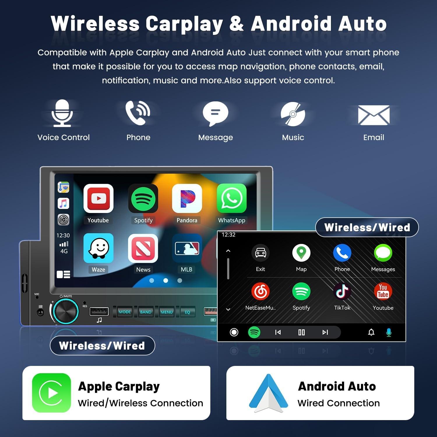 Autoradio Android 13 1 Din met Wireless Apple CarPlay & Android Auto, 6,2 inch touchscreen, Bluetooth, WiFi, GPS, achteruitrijcamera, 2+32GB