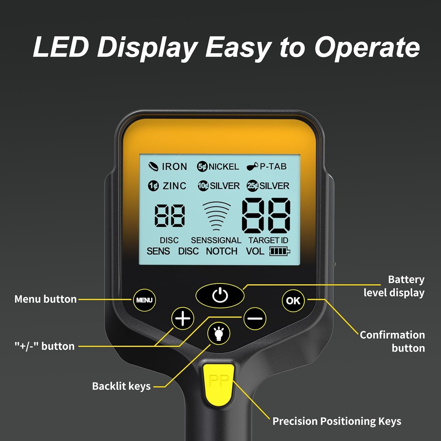 Metaaldetector voor volwassenen, hoge nauwkeurigheid, 4 modi, verstelbaar, waterdichte spoel