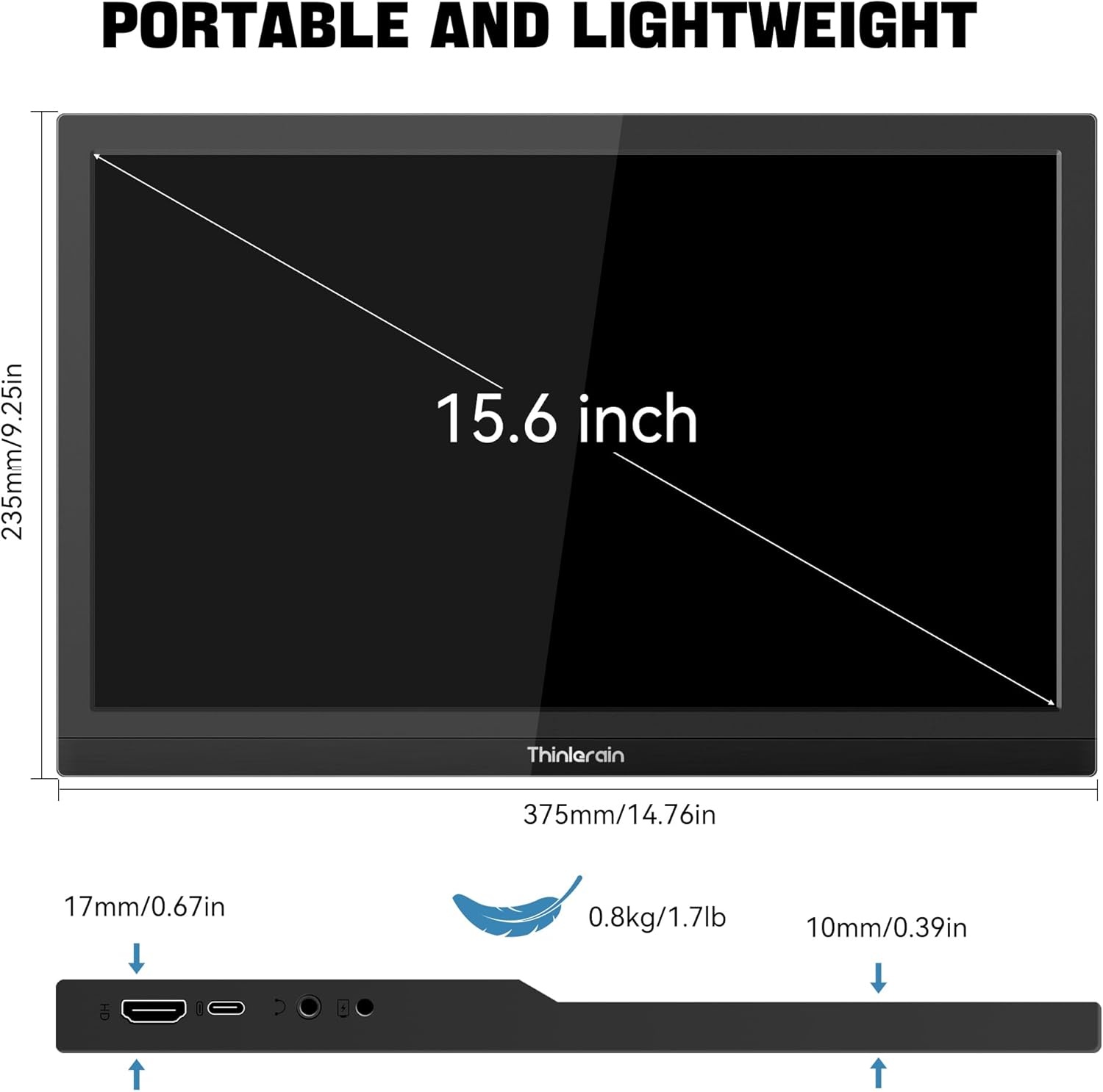 Draagbare 15.6 inch FHD Monitor met HDMI, Type-C, USB-C - Geschikt voor MacBook, PC, Laptop, Raspberry Pi, Xbox, PS4