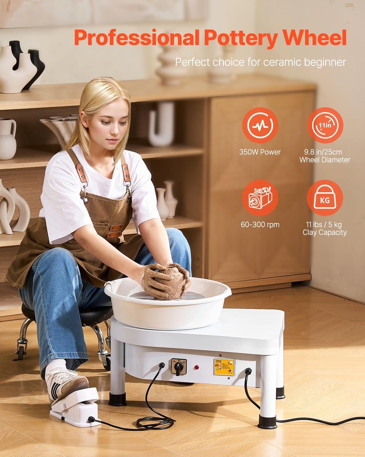 Mophorn Pottenbakkersschijf, elektrisch, 25 cm, vormmachine, 280 W, keramische machine, keramische wielmachine, doe-het-zelf voor keramische werkzaamheden, kunsthandwerk, wit