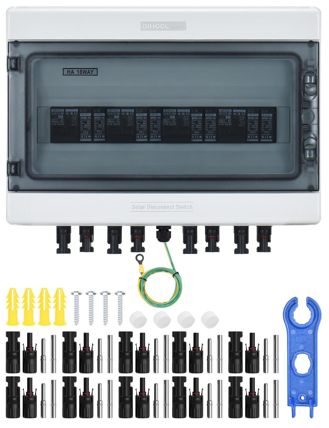DIHOOL DC PV Overspanningsbeveiliging 4-kanaals Zonne-aansluitbox voor 4 Zonnepanelen 400W Balkonsysteem DC 15A