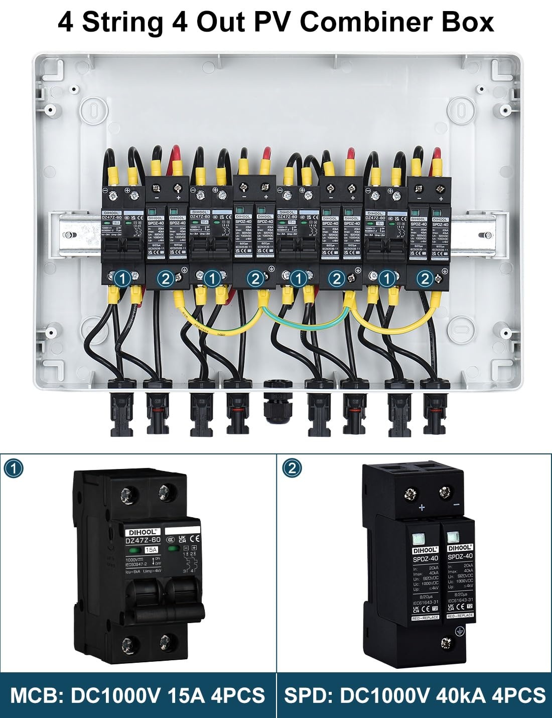 DIHOOL DC PV Overspanningsbeveiliging 4-kanaals Zonne-aansluitbox voor 4 Zonnepanelen 400W Balkonsysteem DC 15A