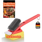Grillborstel met hittebestendige kop, grillreinigingsborstel met lange borstelharen, roestvrijstalen spatel en extra lange warmte-isolerende handgreep, voor alle barbecues, rood
