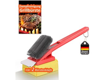 Grillborstel met hittebestendige kop, grillreinigingsborstel met lange borstelharen, roestvrijstalen spatel en extra lange warmte-isolerende handgreep, voor alle barbecues, rood